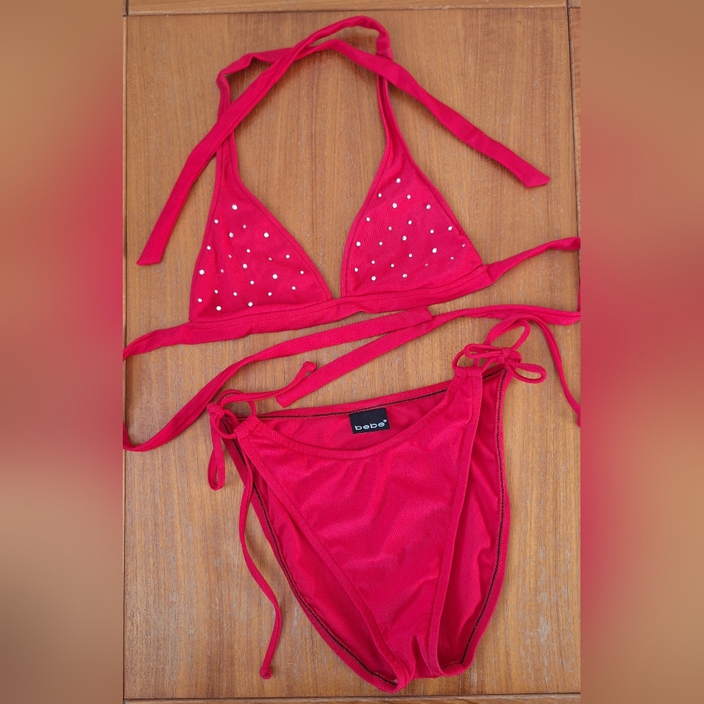 bebe Triangle String Bikini Set Rhinestone Logo 2 Piece Scarlet Cherry Red XS/S